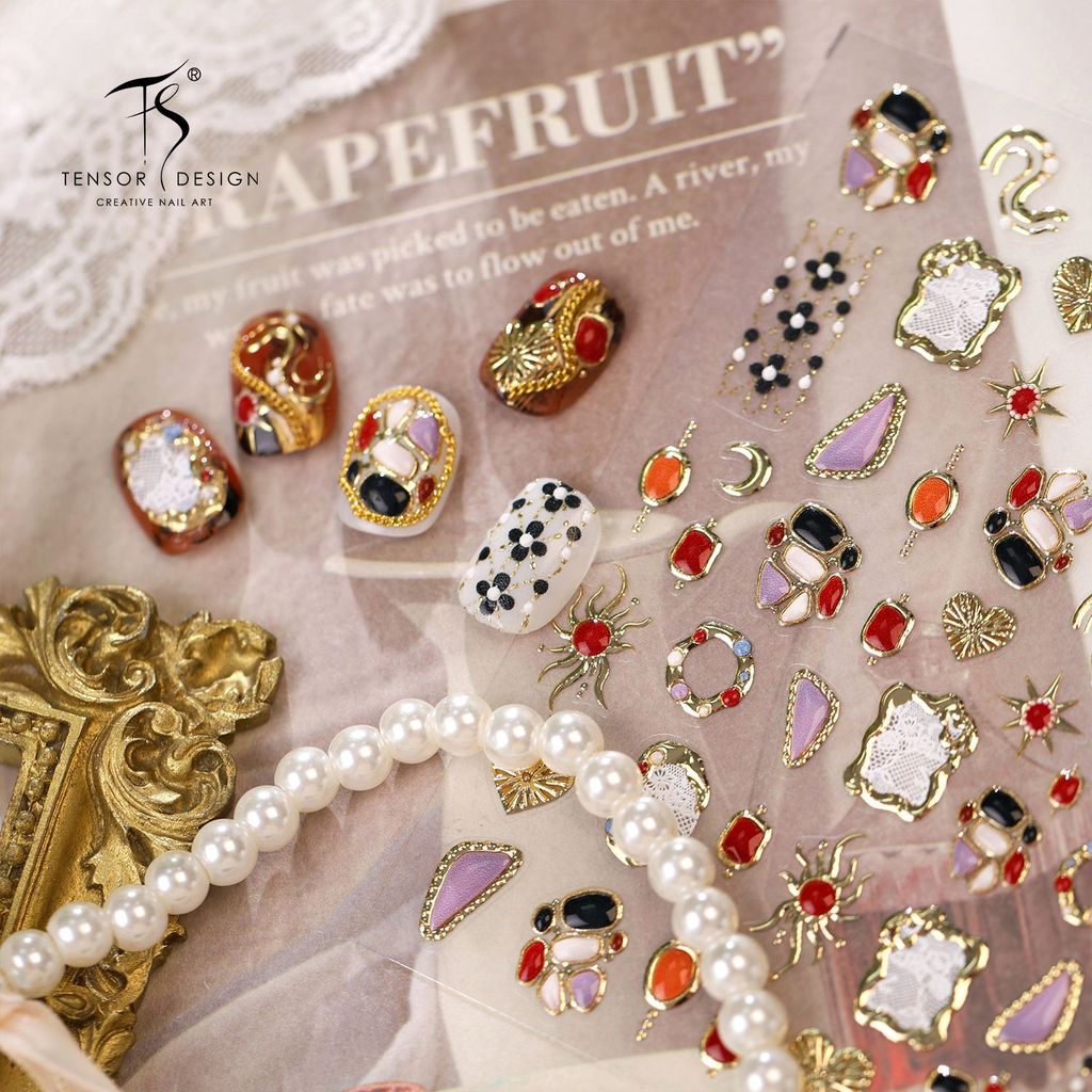 [Meow.Sensei] Iron Vintage Baroque Gem Nail Sticker M-1499 Niche Hot Girl Contrast Color Gem Lace Na