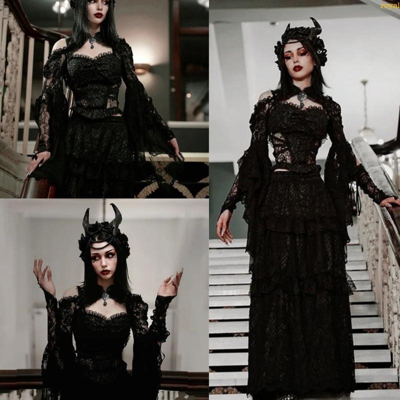 (ส่วนลดสูง)oyalking.th Women Gothic-Clothes See Through Crop Tops Ladies Flare Sleeves Cropped