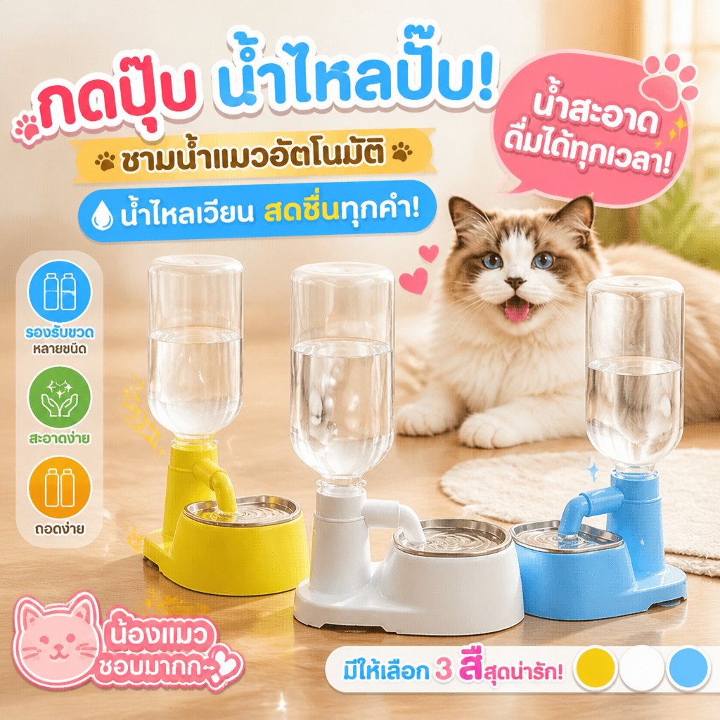 เครื่องจ่ายน้ำแมวอัตโนมัติ ชามน้ำสัตว์เลี้ยง รองรับขวดน้ำได้หลายรุ่น ถอดล้างง่าย กันลื่นด้วยแผ่นซิลิโคน
