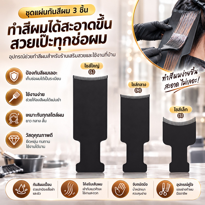 ชุดอุปกรณ์ทำไฮไลท์ผม 3 ชิ้น, หวีทำสีผม, แผ่นรองย้อมผม, แผ่นรองครีมย้อมผม, อุปกรณ์ดูแลเส้นผม