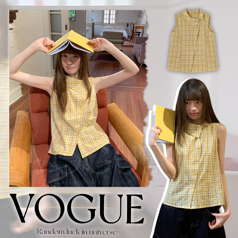 Vogue🌟พร้อมส่ง🌟 เสื้อแขนกุดคอปก ลายสก็อตสีเหลือง สำหรับผู้หญิงสไตล์เกาหลี ดีไซน์ทรงหลวม (A8442)