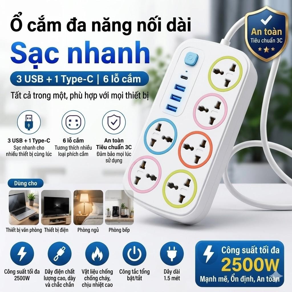 ปลั๊กไฟ 6 รู 4 USB 1 Type-C-2300W ปลั๊กไฟทนทาน และ SHOP2 VN