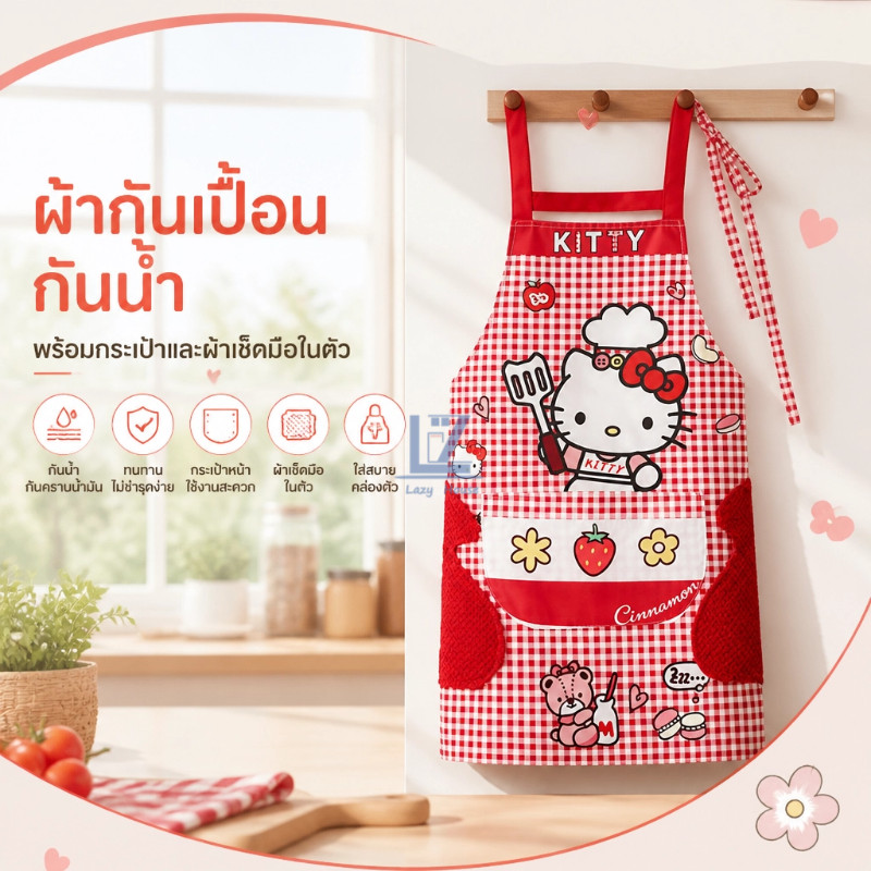 ผ้ากันเปื้อนสะพายหลังลายแมวการ์ตูน กันน้ำกันคราบมัน มีผ้าขนหนูเช็ดมือในตัว กระเป๋าหน้ากว้างใส่มือถือได้