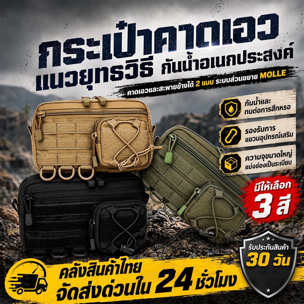 กระเป๋าคาดเอวอเนกประสงค์ ผ้า1000D กันน้ำ ป้องกันฉีกขาด ซิปหน้า ใส่กุญแจ ขี่จักรยาน เดินป่า วิ่ง