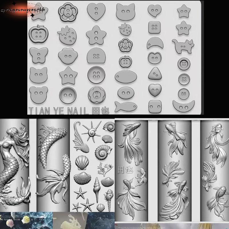 SPING 3D ซิลิโคนเล็บ Ocean Mermaid แม่แบบเล็บแม่พิมพ์ปลาทอง Koi ButtonsCarves การ์ตูนแม่แบบสําหรับเล็บ DIY อุปกรณ์เสริม DDC