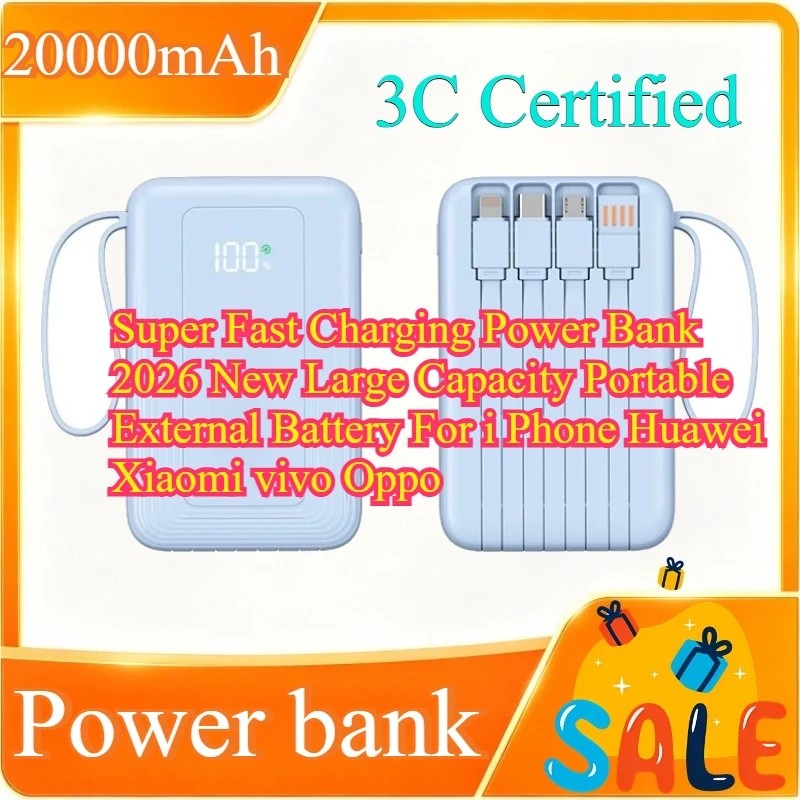 3C ได้รับการรับรอง Super Fast Charging Power Bank 2026 ใหม่ขนาดใหญ่ความจุแบบพกพาภายนอกแบตเตอรี่สําหร
