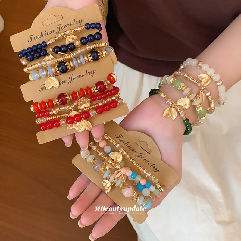 ชุดสร้อยข้อมือใบไม้ทรงกลมลูกปัดอะคริลิคสไตล์โบฮีเมียนสําหรับเครื่องประดับผู้หญิง