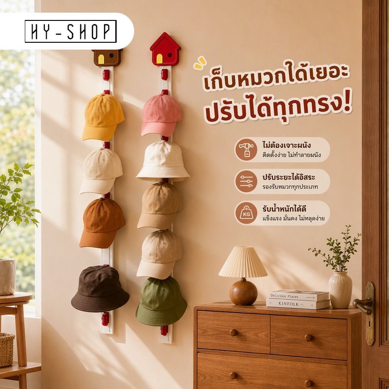 ราวแขวนหมวกผ้า พร้อมคลิป 8 ตัว ปรับระดับได้ ติดหลังประตู ไม่ต้องเจาะผนัง พับเก็บได้