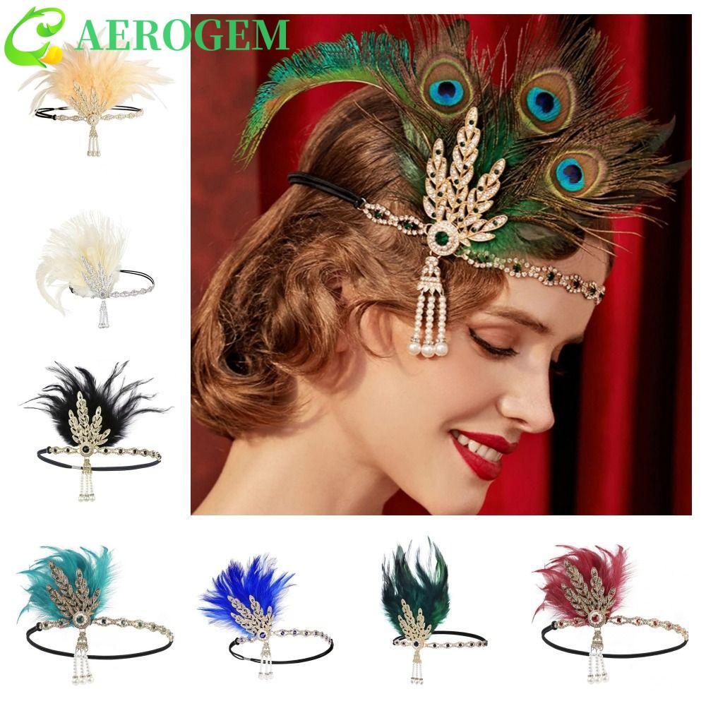AEROGEM คอสเพลย์ชุด Headwear, ที่คาดผมขนนกเพชรวินเทจ, ประณีตหรูหราแต่งหน้า 1920s อุปกรณ์เสริมผมหญิง