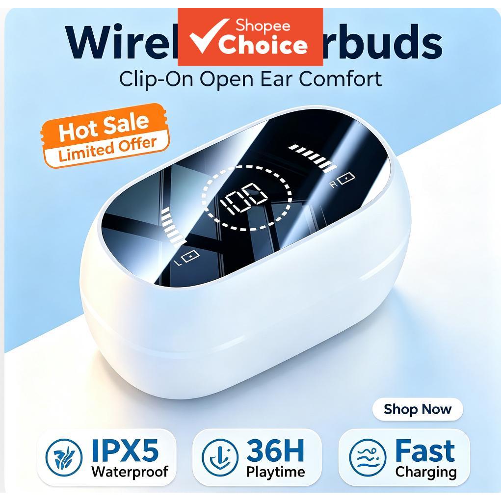 หูฟัง หูฟัง Clip-On Open-Ear Wireless Bluetooth 5.3 Air Conduction จอแสดงผลดิจิตอลกีฬาหูฟังกันน้ําไม