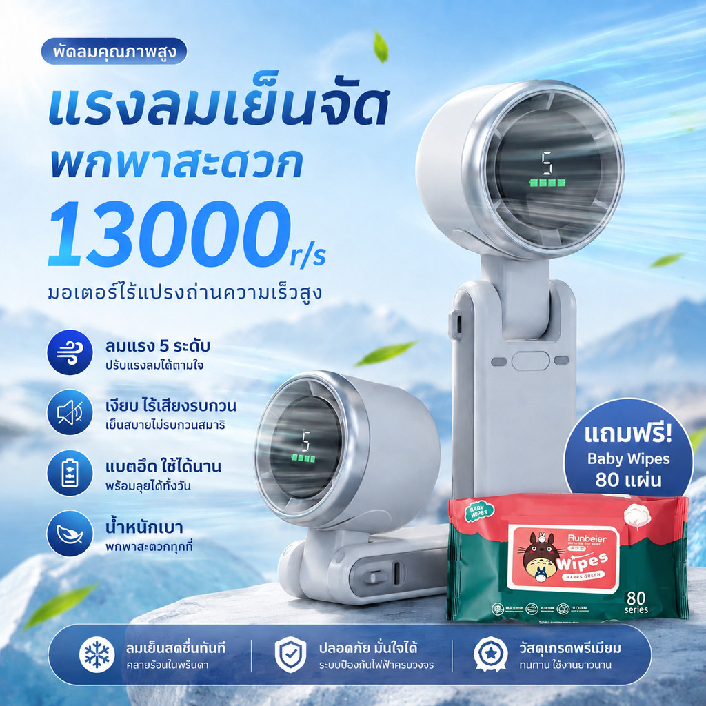 พัดลมUSB มอเตอร์ไร้แปรงถ่าน 13000รอบ/นาที ปรับ5ระดับ แรงลมเย็นจัด พกพาสะดวก สำหรับบ้าน/ออฟฟิศ/เดินทาง【พร้อมส่ง】
