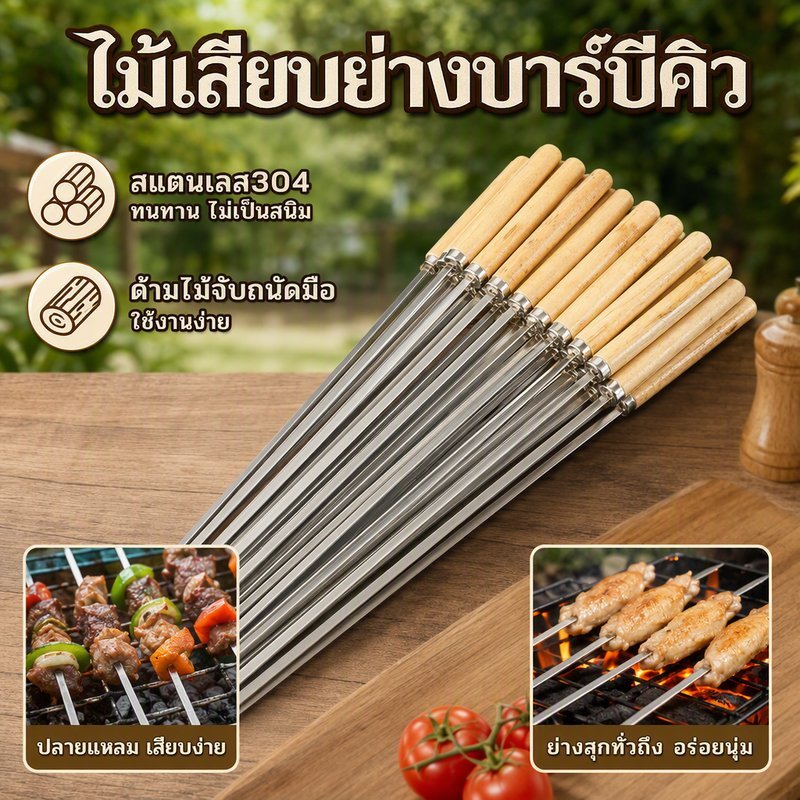 ไม้เสียบ BBQ ไม้เสียบย่างบาร์บีคิว สแตนเลสด้ามไม้แบน ทนทานใช้ซ้ำได้ ล้างง่าย ตั้งแคมป์