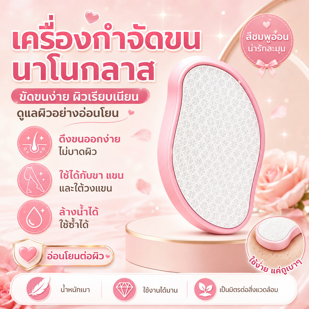 ยางลบกำจัดขนผู้หญิง นาโนแก้ว 2in1 กำจัดขนพร้อมขัดผิว ไม่ใช้ไฟฟ้า ขนาดพกพา