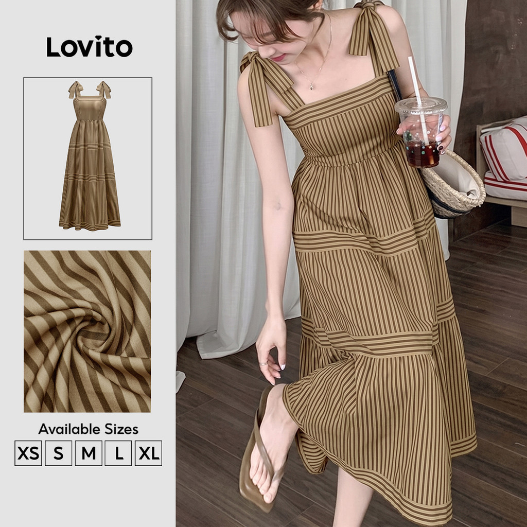 (New Arrival) Lovito เดรสลําลองผู้หญิงผูกด้านหน้าโครงสร้างเรขาคณิตฤดูใบไม้ผลิ/ฤดูร้อนสีกากี LK4ED495