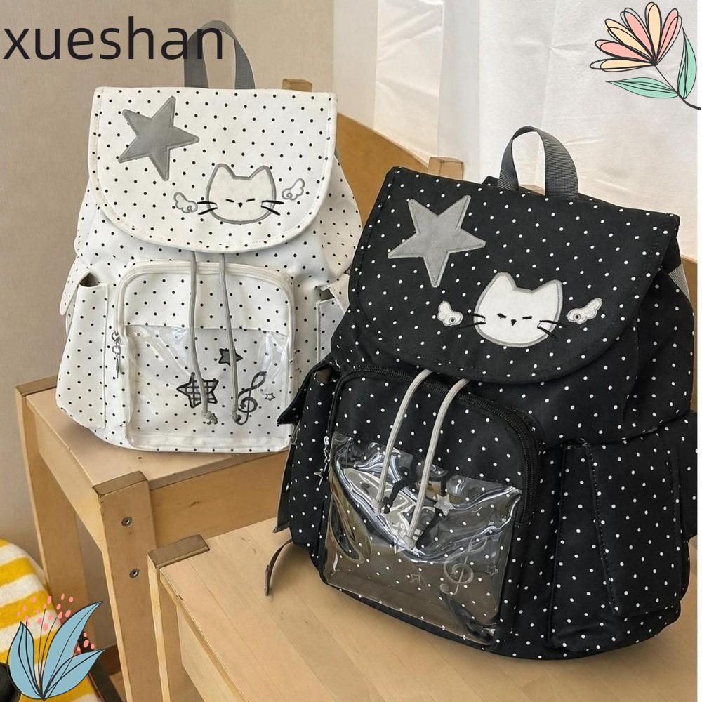 XUESHAN Ita Backpack, Polka Dot Sweet Cat Drawstring Backpack, Casual Nylon Large Capacity Travel Da