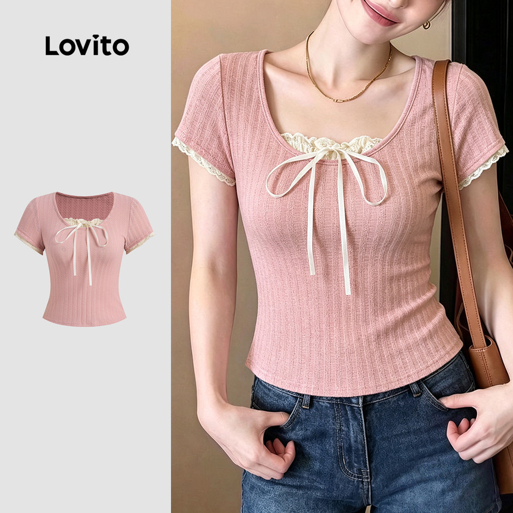 (New Arrival) Lovito เสื้อยืดลําลอง สีชมพู แขนสั้น มีเชือกผูกด้านหน้า แบบบล็อกสี สําหรับผู้หญิง LK7ED636