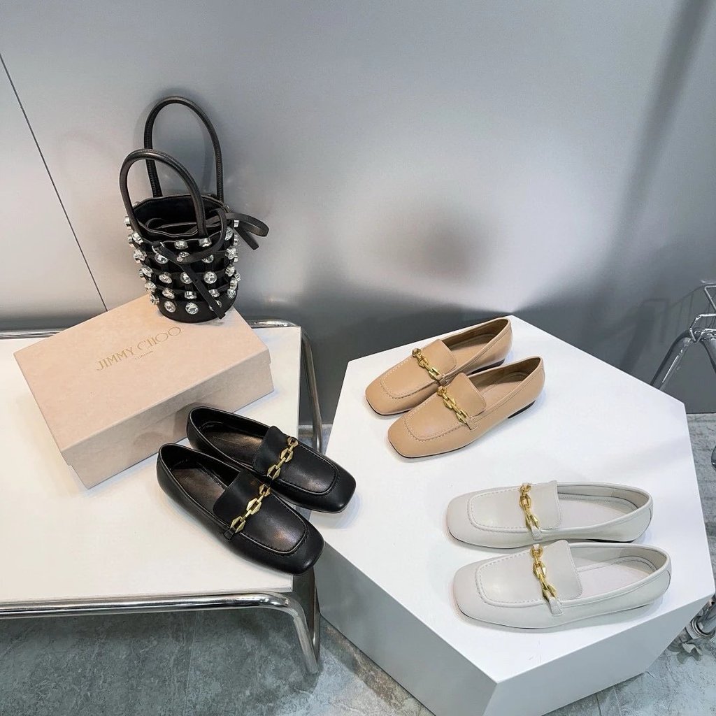 JIMMY CHOO JC2024 Spring Summer New Style Ladies Flat Shoes Mary Jane Gold Chain สินค้าใหม่ รองเท้าโ