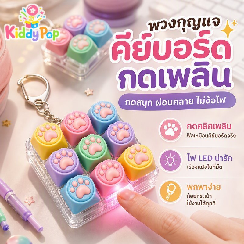 พวงกุญแจคีย์บอร์ด Fidget 9 ปุ่ม Clicker LED Keycap แบบพกพาความเครียดบรรเทากระเป๋า Charm ของเล่น