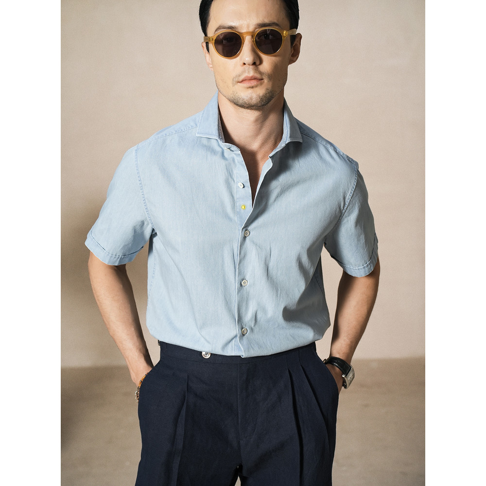 ฤดูใบไม้ผลิฤดูร้อนน้ําหนักเบา Denim ล้าง NAPOLI อิตาเลี่ยนสไตล์ Windsor Collar Retro สุภาพบุรุษพรีเม