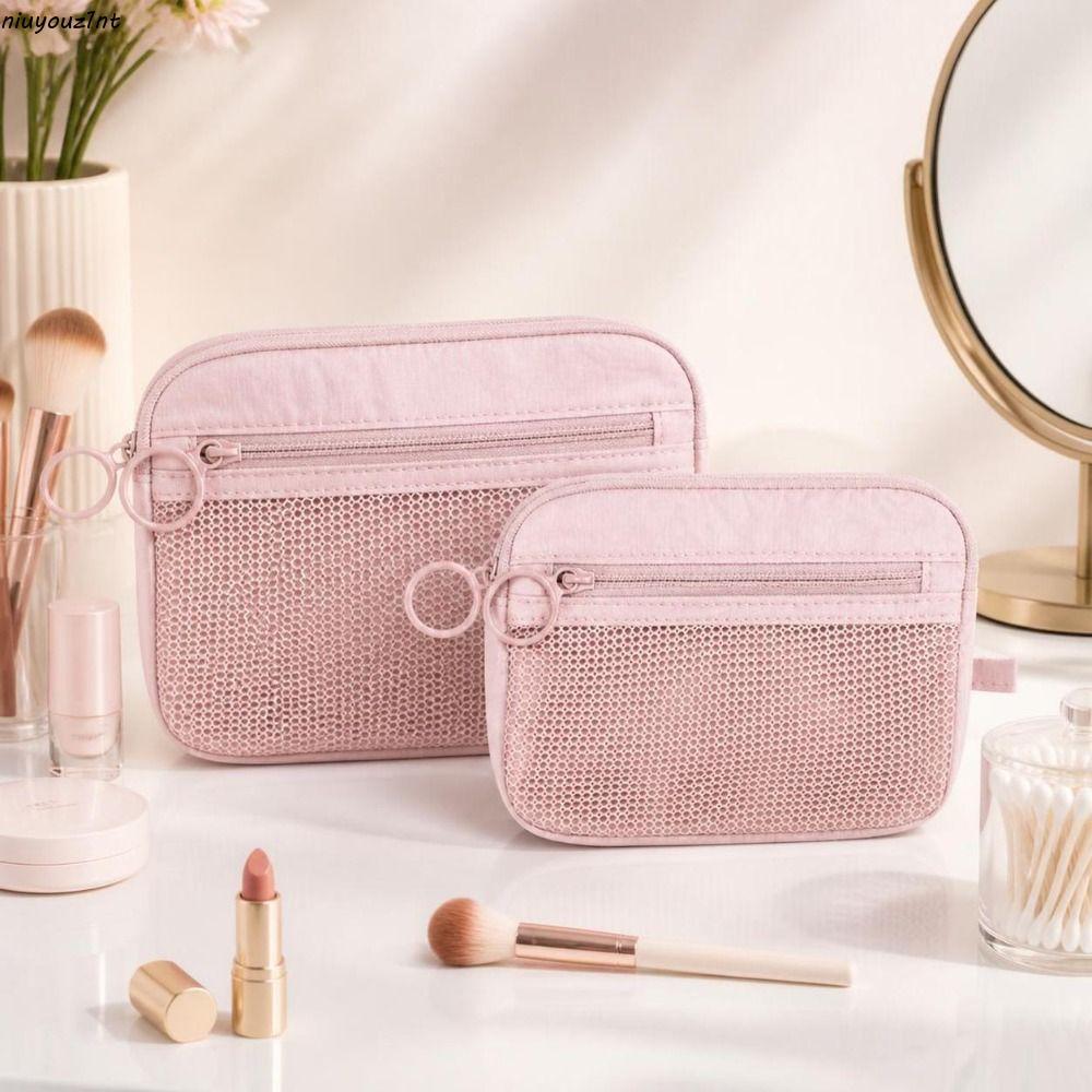 NIUYONI Travel Organizer,Double Layer Pink Mesh Storage Pouch, Zipper Portable Nylon Cosmetic Bag fo