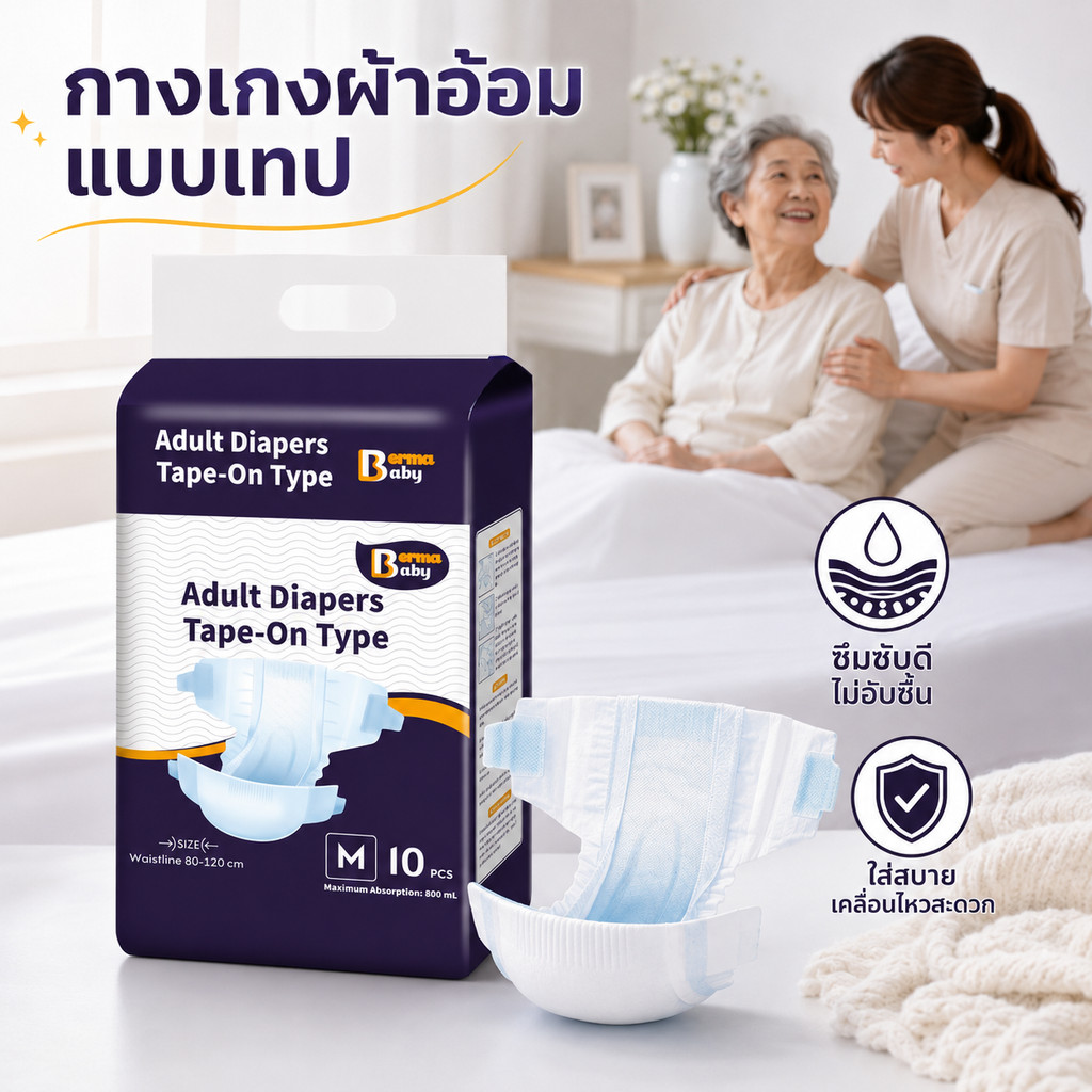Berma baby ผ้าอ้อมผู้ใหญ่ ใช้ได้ทั้งชายหญิง 10ชิ้น M/L/XL adult diapers สวมใส่สบาย ซึมซับเร็ว