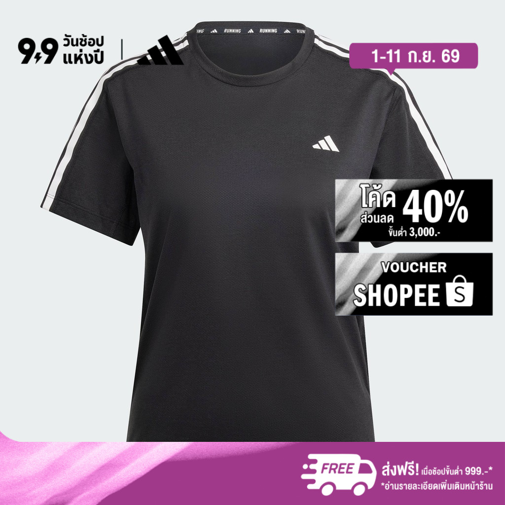adidas วิ่ง เสื้อยืด Own the Run 3-Stripes ผู้หญิง สีดำ IQ3875