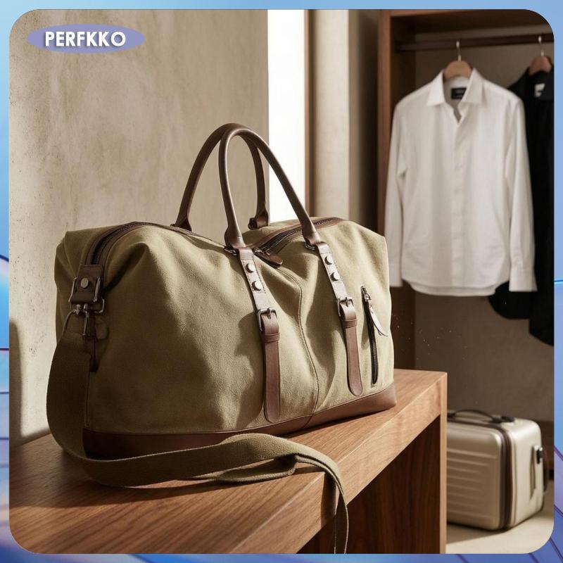 [perfkko] ผ้าใบ Duffel ด้านบนกระเป๋าซิปปิดปิดไหล่ Duffel กระเป๋าสีดํา