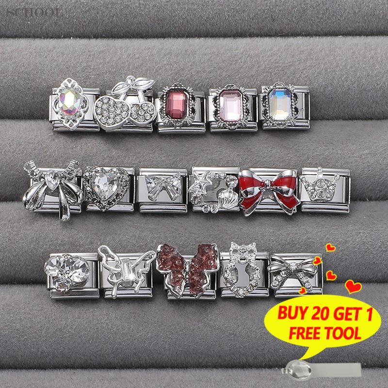 สร้อยข้อมือ Love Bowknot อิตาเลียน charm สแตนเลส ขนาด 9 มม., เครื่องประดับ DIY เพิ่มบุคลิกภาพแบบเรโทร
