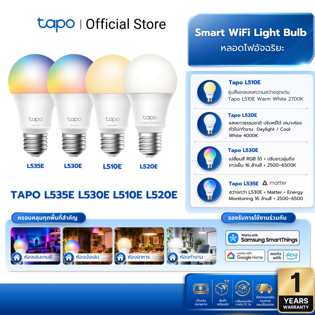 (มีส่งด่วน)   TAPO L510E,L520E,L530E Smart BULB ขั้ว E27 สั่งงานผ่านแอป รับประกัน 1 ปี