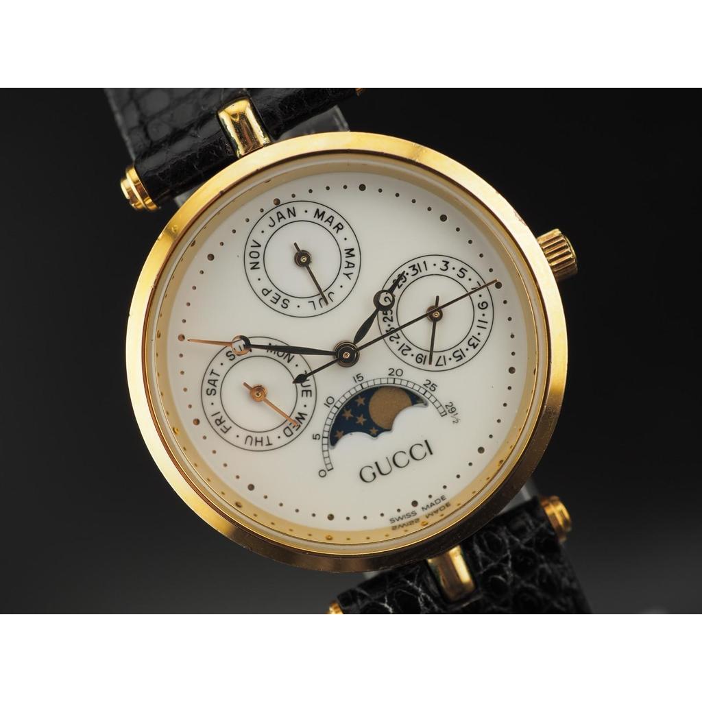 Vintage N MINT Gucci Moon Phase Triple Calendar Gold 30mm Qz Mens Watch JAPAN
