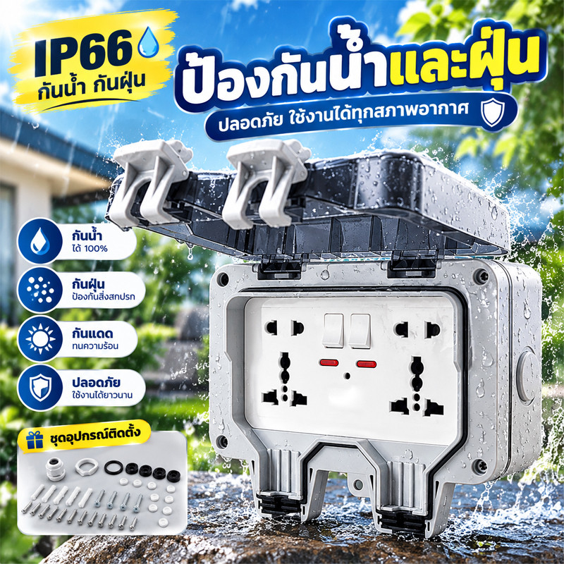 ปลั๊กไฟกันน้ำ บล็อคพร้อมปลั๊ก ปลั๊กสนาม  กันน้ำ ซ็อกเก็ตหลุม IP66 กลางแจ้ง มัลติฟังก์ชั่น กันฝน กันฝุ่น รุ่นไหม่ 5รู USB