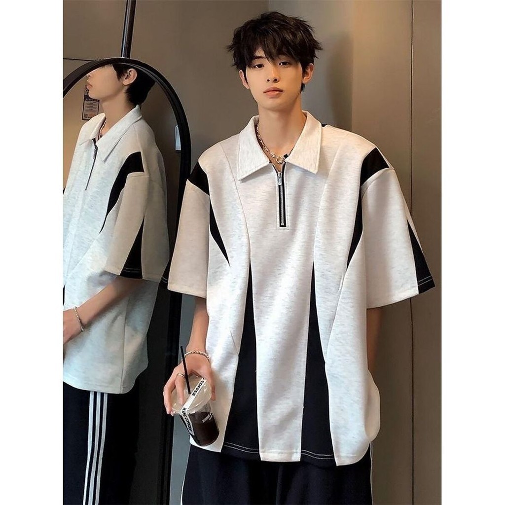 [ks0725.th] Niche Street Wear Stitching Contrast Color Shirt Mens Summer American High Street Five-p