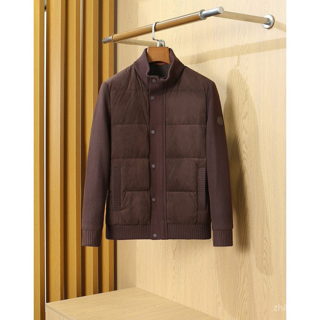 EA7E ZEG ผู้ชายเงินสไตล์สไตล์ใหม่เอเชียหนังกวางถักเย็บลงธุรกิจ Stand-Up Collar Casual Down Jacket