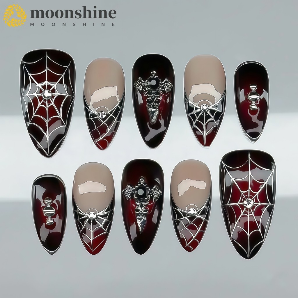 Dark Wine Red Short Almond Halloween Spider Web Nails - เล็บโลหะโกธิคสําหรับผู้หญิง