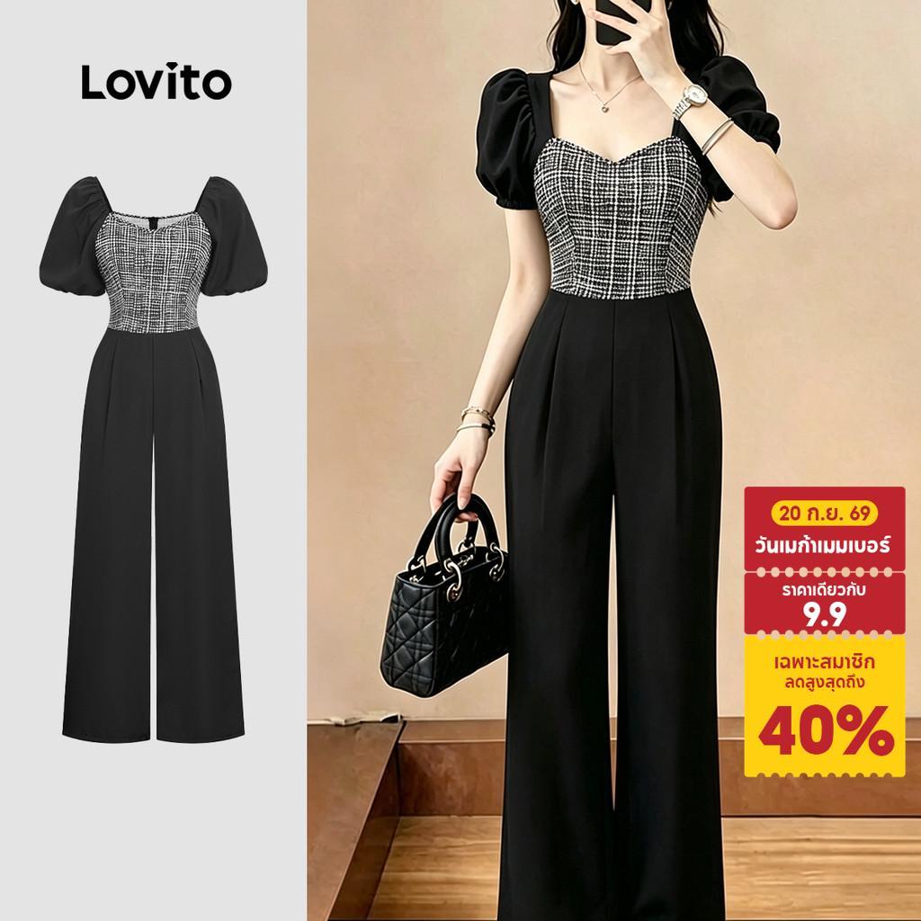Lovito จั๊มสูทผู้หญิงสีดํา สไตล์บล็อกสีผ้าสง่างาม เหมาะสําหรับฤดูใบไม้ผลิ/ฤดูร้อน L199ED580