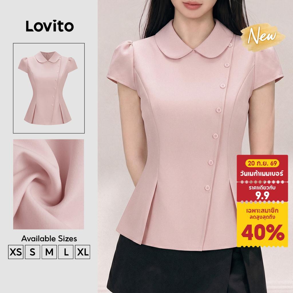 (New Arrival) Lovito เสื้อเบลาส์สีชมพูอ่อนแขนสั้นคอปีเตอร์แพนจับจีบติดกระดุมลำลองสำหรับผู้หญิงฤดูใบไม้ผลิฤดูร้อนวันหยุดสุดสัปดาห์ BLB206TD168
