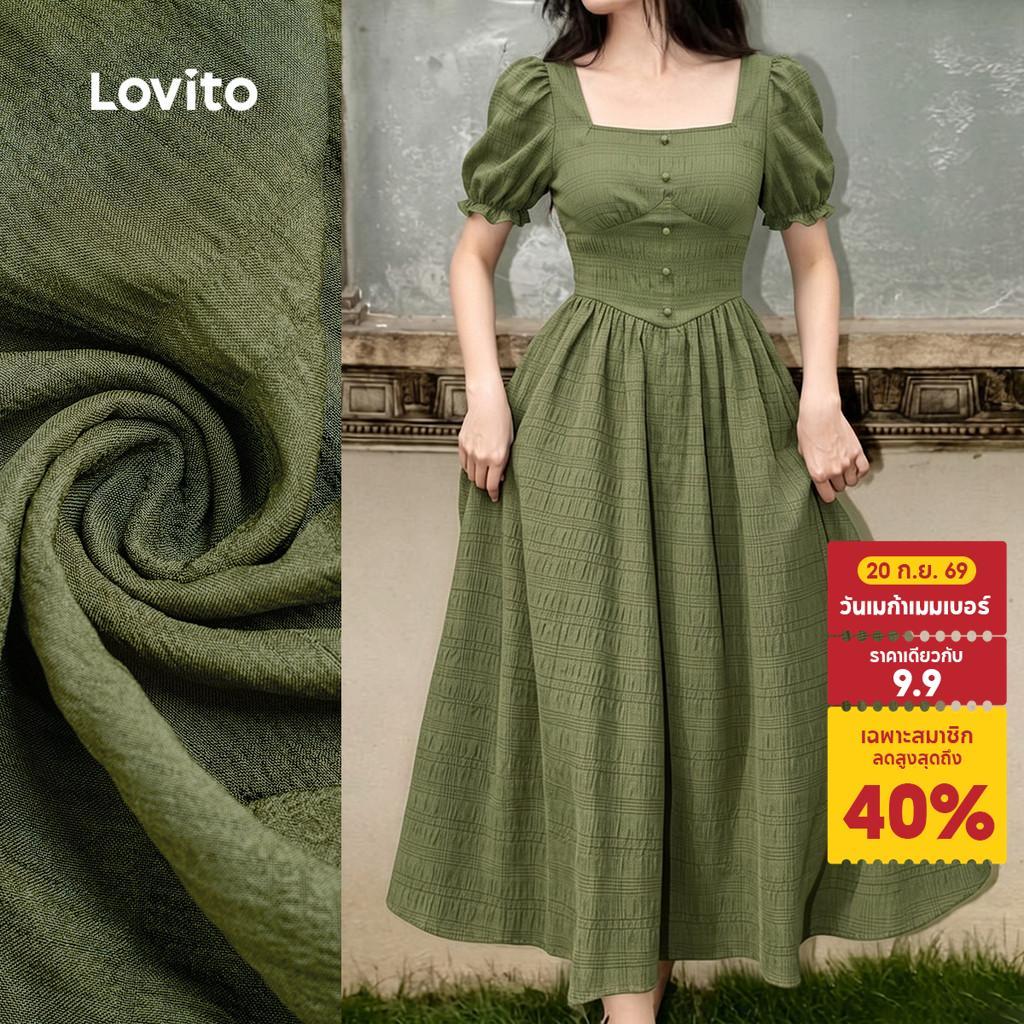 Lovito เดรสผู้หญิงสีเขียวฤดูใบไม้ผลิ/ฤดูร้อน แจ๊กการ์ดกระดุม ลําลอง LK7LD194