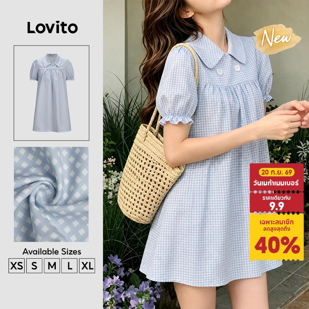 (New Arrival) Lovito เดรสสีน้ำเงิน แขนสั้น ลายตาราง กระดุม ลำลอง ทรงเอ สำหรับวันหยุด ฤดูใบไม้ผลิ ฤดูร้อน ผู้หญิง DRB206TD211