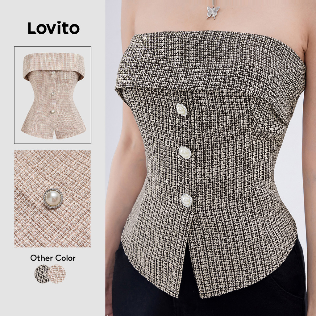 Lovito เสื้อแขนกุดผู้หญิง ลายตารางกิงแฮม มีกระดุมหน้า สไตล์แคชชวล L105MD421