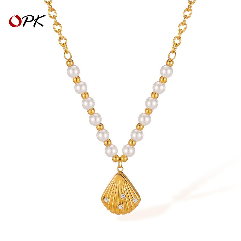 OPK สร้อยคอย้อนยุคฝรั่งเศสเปลือกสแตนเลสเพทายโซ่กระดูกไหปลาร้ามุกอเนกประสงค์หรูหรา