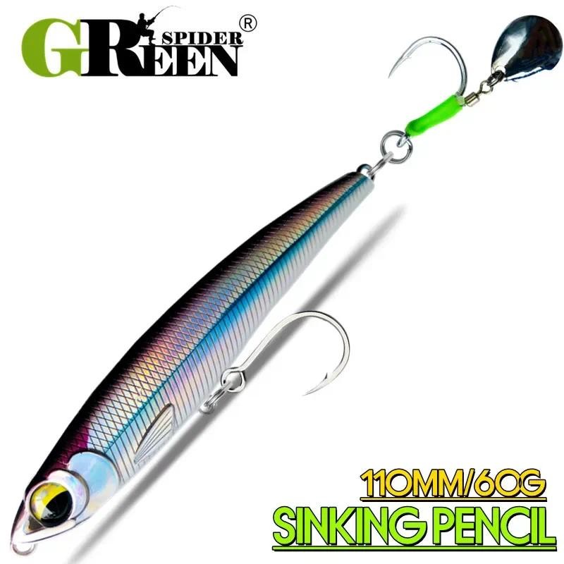 GREENSPIDER ดินสอเหยื่อสำหรับตกปลา ขนาด 110 มม., 60 กรัม จมน้ำได้ แบบ Stickbait ใช้งานได้ดีในการลากเรือ และเหมาะสำหรับการตกปลาทะเล