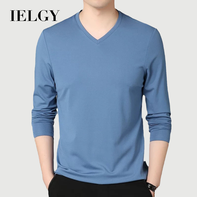 เสื้อยืดแขนยาวผู้ชาย สำหรับฤดูใบไม้ผลิและฤดูใบไม้ร่วง สไตล์บางเบาพอดีตัว เหมาะสำหรับใส่ลำลอง พร้อมดีไซน์คอวีต่ำ