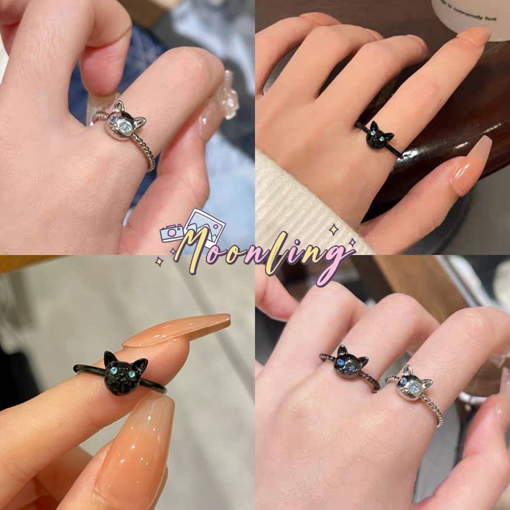 Moonling พร้อมส่งจากไทย แหวนแฟชั่น ลายน้องแมว สีเงินดำ น้ำหนักเบา ใส่แล้วเท่ไม่เหมือนใคร *BRL-16*