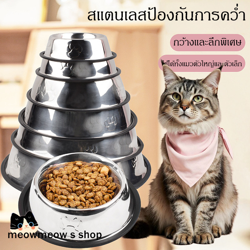 STOCK ชามอาหารแมวสแตนเลส 🐾 ขัดเงาระดับพรีเมียม กันลื่น ใช้ได้ทั้งแมวตัวเล็ก กลาง และใหญ่