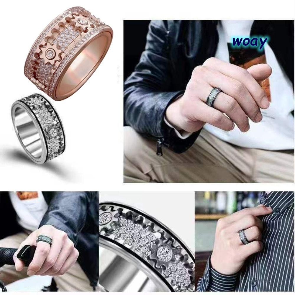 WOAY แหวนเกียร์ Spinner Ornate Handmade Diamond Band Ring