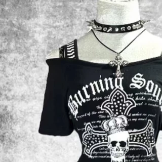 American Womens Letter พิมพ์เอว Cinched เสื้อยืดแขนสั้นฤดูใบไม้ผลิและฤดูร้อน Y2k หนึ่งไหล่ด้านบน