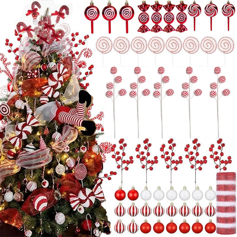 เครื่องประดับคริสต์มาส ชุดตกแต่งต้นคริสต์มาส ลูกบอลคริสต์มาส Candy Cane XmasTree Picks สาขาสําหรับ Xmas แขวนตกแต่งพวงหรีด Garland แจกันตารางตกแต่ง (สีแดงและสีขาว)