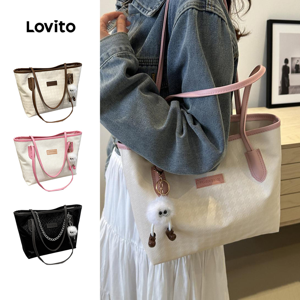 Lovito กระเป๋าสะพายไหล่ผู้หญิง ฮาวด์สทูธ จุของได้เยอะ สีพื้น สไตล์ลำลอง LFA39319