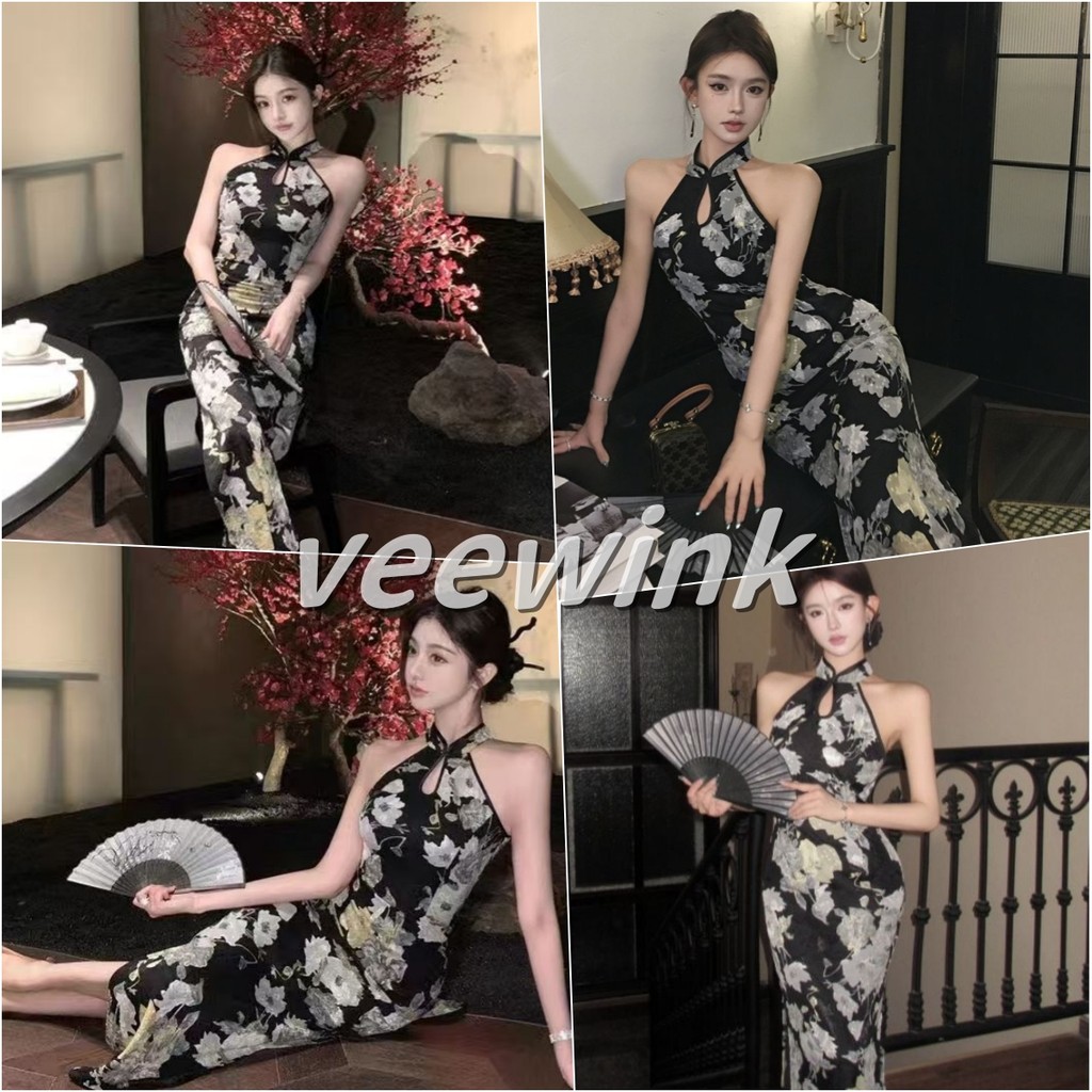 Veewink เดรสกี่เพ้า ไร้แขน คอฮอล์เตอร์ ลายพิมพ์วินเทจ เปิดข้าง กระชับเอว กระโปรงรัดก้น