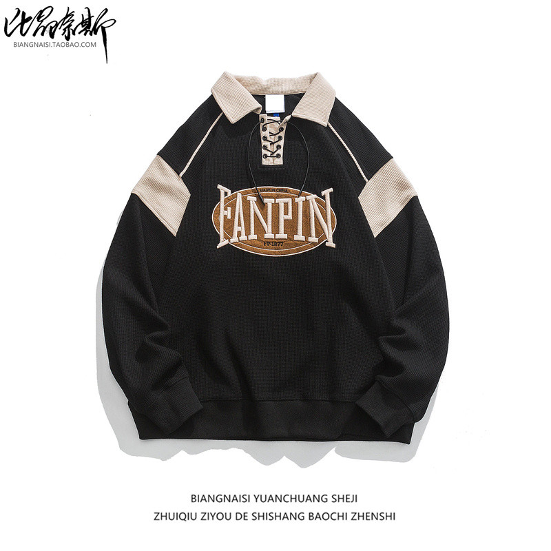 Bionness Retro Color Matching Waffle Long-Sleeved POLO เสื้อผู้ชาย Street Wear หลวมออกแบบ Niche Lape